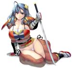  1girl ahoge armor blue_hair breasts brown_eyes cleavage closed_mouth commentary curvy full_body hair_ornament highres japanese_armor katana kote large_breasts long_hair masao original panties samurai sandals shoulder_armor solo sword tabi underwear weapon white_background white_panties 