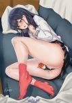  1girl absurdres arched_soles ass bangs bare_legs black_hair black_panties black_skirt blue_eyes blush collared_shirt commentary_request couch feet highres long_hair long_sleeves lying masturbation nanako_(1475647493) on_side orange_scrunchie panties pleated_skirt red_legwear school_uniform scrunchie shirt skirt socks solo ssss.gridman straight_hair sweat takarada_rikka thighs underwear white_cardigan white_shirt wing_collar wrist_scrunchie 