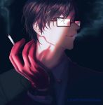  1boy black_background black_suit blowing_smoke blue_eyes brown_hair cigarette formal glasses gloves happy_birthday hypnosis_mic male_focus necktie owo_hpm red_gloves shadow simple_background smoke solo suit upper_body watch wristwatch 