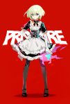  1boy alternate_costume apron black_dress copyright_name crossdressing dress enmaided fire frills hand_on_hip highres lio_fotia maid maid_apron maid_headdress male_focus nvahninoto otoko_no_ko promare puffy_short_sleeves puffy_sleeves purple_eyes ribbon short_sleeves waist_apron 