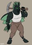 anthro changeling clothed clothing dbd horn male muscular muscular_male my_little_pony pickaxe shirt simple_background solo standing tank_top topwear wings 