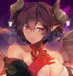  1girl artist_name bare_shoulders black_jacket breasts cleavage collarbone crover dragon_horns dragon_wings english_commentary gloves grea_(shingeki_no_bahamut) hair_between_eyes horns jacket lamppost large_breasts light_blush looking_at_viewer manaria_friends neck_ribbon night night_sky off_shoulder pointy_ears purple_hair red_eyes red_gloves red_ribbon ribbon shingeki_no_bahamut shirt short_hair sky solo white_shirt wings 