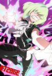  1672 1boy belt black_jacket blonde_hair clenched_teeth cravat fire jacket lio_fotia looking_at_viewer male_focus outstretched_hand promare purple_eyes signature solo teeth torn_clothes torn_sleeves 