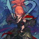  1girl armor bare_shoulders blue_eyes closed_mouth copyright copyright_name countdown fighting_stance final_fantasy final_fantasy_xiv hair_over_one_eye high_ponytail highres hyur lips long_hair looking_at_viewer monk_(final_fantasy) number official_art ponytail red_hair scarf smile solo upper_body 
