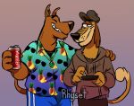  2019 beverage black_nose bottomwear can canid canine canis clothed clothing crossover domestic_dog dukey duo eye_contact great_dane hand_on_shoulder hanna-barbera happy hat hawaiian_shirt headgear headwear hoodie jewelry johnny_test_(series) looking_at_another male mammal mastiff molosser necklace plate rhyset scooby-doo scooby-doo_(series) shirt shorts signature simple_background smile steam teeth topwear 