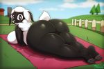  2019 absurd_res anthro big_butt bovid breasts butt caprine digital_drawing_(artwork) digital_media_(artwork) female fur hi_res hooves huge_butt looking_at_viewer looking_back lying mammal miso_souperstar on_front outside sheep side_boob signature solo thick_thighs wool_(fur) 