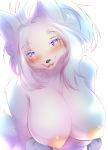  2019 absurd_res anthro areola big_breasts black_nose blue_eyes blush breasts bust_portrait canid canine cheek_tuft female front_view fur ginko0101 hair hi_res kemono looking_at_viewer mammal nipples nude open_mouth portrait simple_background solo tuft white_background white_fur white_hair 