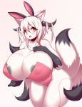 anthro areola better_version_at_source big_breasts black_nipples blush breasts bunny_costume clothing costume fake_ears female fluffy fluffy_tail fur hair hand_on_breast hi_res horn inner_ear_fluff mammal multi_tail nipples open_mouth portrait red_eyes solo tailzkim three-quarter_portrait translucent translucent_clothing voluptuous white_fur white_hair 
