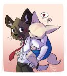  &lt;3 2019 aggressive_retsuko anthro black_eyes blush bodily_fluids bottomwear canid canine carrying clothed clothing duo female fennec fenneko fox fur haida happy hi_res hyaenid inner_ear_fluff male mammal necktie open_mouth pants piggyback sanrio shirt shocked simple_background size_difference slim spots spotted_fur spotted_hyena topwear underbite 