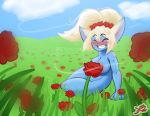  2019 blonde_hair blue_fur blush breasts convenient_censorship daclusia eyebrows eyes_closed female flower flower_crown flower_field fur grass hair league_of_legends nude outside plant poppy_(flower) poppy_(lol) raised_eyebrows riot_games sitting sky smile solo teeth video_games wind yordle 