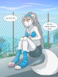  2019 absurd_res anthro barefoot blush book bottomwear breasts canid canine canis chest_tuft claws clothed clothing detailed_background dialogue digitigrade english_text female fur grey_hair hair hi_res holding_object keidran legwear long_hair mammal outside pawpads paws raine_silverlock ruth66 shorts smile socks speech_bubble stockings text tuft twokinds webcomic white_fur wolf yellow_eyes 
