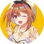  1girl ;d atelier_(series) atelier_ryza bangs bare_shoulders beret black_ribbon blush breasts brown_eyes brown_hair cleavage collarbone commentary_request double_v eyebrows_visible_through_hair fang fingernails hair_between_eyes hair_ornament hair_ribbon hairclip hands_up hat honami_(yths4221) jewelry medium_breasts necklace one_eye_closed open_mouth reisalin_stout ribbon smile solo star star_necklace two-tone_background upper_body upper_teeth v white_background white_headwear yellow_background 