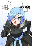 ! 2018 armor blue_eyes blue_hair clothed clothing english_text female gesture hair hand_on_hip human human_only kawa-v knife mammal not_furry open_mouth pointing short_hair simple_background solo text white_background 