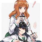  ! ... 2girls :t bangs black_hair blunt_bangs blush breast_press breasts brown_eyes cup drink eyebrows_visible_through_hair girls_und_panzer green_skirt holding holding_cup leaning_over long_hair long_sleeves multiple_girls neckerchief orange_eyes orange_hair pleated_skirt reizei_mako ribbon sailor_collar simple_background sitting skirt standing sweatdrop takebe_saori tea wavy_hair white_background yuuyu_(777) 