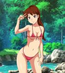  1girl ai_no_wakakusa_monogatari amagamigamigami_(tomato_emperor) arm_at_side ass_visible_through_thighs bangs bikini breasts breasts_apart brown_hair bush closed_mouth collarbone cowboy_shot day eyebrows_visible_through_hair front-tie_bikini front-tie_top grey_eyes groin hand_on_own_thigh hand_up high_ponytail josephine_march leaning_to_the_side legs_apart long_hair looking_at_viewer medium_breasts micro_bikini_top navel outdoors pond red_bikini rock shadow shiny shiny_skin skindentation smile solo standing sunlight swimsuit thighs tree underboob v water wide_hips world_masterpiece_theater 