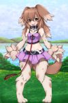  3_toes 4_fingers animal_humanoid belt bottomwear breasts brown_eyes brown_fur brown_hair canid canid_humanoid canine canine_humanoid clothing collar day dog_humanoid ear_tuft female front_view fur hair humanoid leash light_skin lindaroze_(artist) looking_at_viewer mammal mammal_humanoid multicolored_fur open_mouth open_smile outside pawpads pink_pawpads pink_tongue purple_bottomwear purple_clothing purple_skirt purple_topwear skirt small_breasts smile solo standing tan_fur tan_skin toes tongue topwear tuft two_tone_fur wrist_tuft 