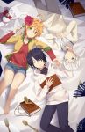  1girl 2boys ahoge barefoot bed_sheet black_hair black_pants blonde_hair blue_eyes blue_shorts book bouquet brown_eyes closed_mouth collar collarbone collared_shirt emma_(yakusoku_no_neverland) flower fork from_above green_eyes grey_pants hair_over_one_eye hands_on_stomach highres holding holding_bouquet hood hood_down hooded_cardigan huge_filesize k-rumi long_sleeves lying multiple_boys norman_(yakusoku_no_neverland) on_back open_book pants ray_(yakusoku_no_neverland) red_flower red_shirt shiny shiny_hair shirt short_hair short_shorts shorts silver_hair smile spoon stuffed_animal stuffed_toy sweater tattoo white_cardigan white_shirt white_sweater wing_collar yakusoku_no_neverland 
