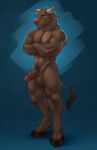  anthro balls big_penis body_hair bovid bovine brown_fur cattle cloven_hooves crossed_arms erection fur happy_trail hi_res hooves horn humanoid_penis male mammal muscular muscular_male penis pubes solo standing teasfox yellow_eyes 