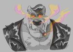  anthro canid canine canis cigar clothing ear_piercing facial_piercing hair jacket leather leather_jacket lip_piercing mammal monte_(worgenrouge) piercing polartoons ringed_eyes smoke solo topwear wolf 