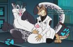  animal_genitalia anthro balls big_balls big_sheath black_hair blue_eyes blue_hair blue_pawpads clothed clothing curling_tail dialogue dipstick_tail duo fallout felid female feral genitals gloves_(marking) hair hi_res huge_balls huge_sheath hyper hyper_balls hyper_genitalia hyper_sheath ice_in_summer_(sftsl) implied_growth implied_transformation killthe_demon laboratory leg_markings leopard_spots lying male male/female mammal markings microsoft night_stalker_(fallout) on_back pantherine pawpads penis penis_tip pink_tongue scientific_experiment scientist sheath sheath_fondling size_difference snow_leopard socks_(marking) spots tail tail_markings tongue tongue_out velicity_genesong 