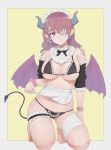  1girl absurdres apron bandage_over_one_eye bandaged_leg bandages bangs bare_shoulders bat_wings black_bra blue_eyes bow bra breasts cleavage closed_mouth collarbone commentary demon_girl demon_horns demon_tail demon_wings detached_collar detached_sleeves earrings eyebrows_visible_through_hair frills gradient gradient_hair grain hair_between_eyes hair_over_one_eye highres horns jewelry kneeling large_breasts long_hair looking_at_viewer maid maid_apron maid_headdress micro_bra multicolored_hair navel original panties pink_bow pink_hair pointy_ears sidelocks skindentation smile solo succubus tail thigh_strap underboob underwear white_apron wings wrist_cuffs 