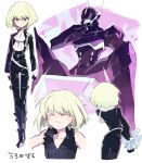  1boy back black_gloves black_jacket blonde_hair body_armor bound bound_wrists closed_eyes cravat gloves holding_breath jacket lio_fotia male_focus promare purple_eyes short_hair sitting solo soto torn_clothes torn_sleeves 
