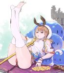  1girl atelier_(series) atelier_ryza between_legs blush bow breasts brown_hair cameltoe coin commentary feet hair_bow hat large_breasts legs_up looking_at_viewer no_shoes reclining reisalin_stout sakurada slime sweat thick_thighs thighhighs thighs toeless_legwear white_legwear 