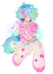  1boy animal blue_hair closed_mouth cloud_(lufaeris) commentary full_body gradient_hair hair_ornament hair_over_one_eye heart highres hood hood_down hoodie male_focus multicolored_hair one_eye_covered original parted_bangs pink_eyes pink_hoodie pink_thighhighs short_hair snail solo star_(symbol) star_hair_ornament tail thighhighs white_background 