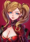  1girl blonde_hair blue_eyes bodysuit breasts catsuit cleavage cleavage_cutout earrings hair_ornament hairclip jacket jewelry leather leather_jacket lipstick long_hair long_sleeves makeup marchab_66 medium_breasts persona persona_5 red_lipstick smile solo sparkle takamaki_anne twintails upper_body zipper 