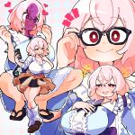  1girl alternate_costume black_sandals black_skirt blue_kimono blush breasts bright_pupils brown_shoes cleavage closed_mouth commentary convenient_censoring drooling full_body glasses gram_9 heart heart-shaped_pupils highres holding holding_phone japanese_clothes kimono large_breasts legs looking_at_viewer loose_socks medium_hair no_headwear no_socks parted_lips penis_awe penis_shadow phone pink_eyes pink_hair saigyouji_yuyuko sandals shirt shoes skirt smile socks squatting symbol-shaped_pupils thighs touhou upper_body v variations white_pupils white_shirt 