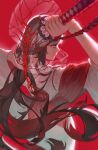 1girl ahemsehszlfmf arms_up black_hair blunt_bangs closed_mouth cutting_hair expressionless hashtag-only_commentary highres holding holding_sword holding_weapon japanese_clothes katana kimono limbus_company long_hair obi project_moon red_background red_eyes red_sash ryoshu_(project_moon) sash sash_bow sidelocks simple_background solo sword veins very_long_hair weapon white_kimono 
