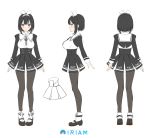  1girl bangs black_footwear black_hair blue_eyes blush bow bowtie breasts buttons commentary_request concept_art copyright_name detached_sleeves dress full_body hair_bow hairband iriam large_breasts logo long_sleeves looking_at_viewer multiple_views nakamine_lily pantyhose shimashima08123 shoes short_dress short_hair simple_background smile standing turnaround virtual_youtuber white_background 