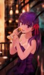  1girl :d bangs bar bar_stool bare_arms bare_shoulders blurry blurry_background blush bob_(biyonbiyon) breasts chair chocolate cleavage collarbone commentary craft_essence depth_of_field dress evening_gown fate/grand_order fate/stay_night fate_(series) food fruit hair_ribbon head_tilt holding holding_food holding_fruit indoors light long_hair looking_at_viewer mandarin_orange matou_sakura medium_breasts no_pupils official_art open_mouth purple_dress purple_eyes purple_hair red_ribbon ribbon sitting smile solo star stool straight_hair strapless strapless_dress table tareme upper_body 