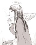  1girl absurdres cardigan cigarette coat commentary_request haibane_renmei halo hand_up highres long_hair monochrome mouth_hold naotan profile reki_(haibane_renmei) sitting smoking solo white_background wings 