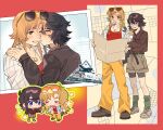  2girls absurdres blonde_hair blue_eyes blush brown_hair brown_shirt brown_shoes brown_shorts commentary eyewear_on_head glasses green_socks grey_shoes hashtag-only_commentary highres holding holding_map jewelry jiguang_haibao kiss kissing_cheek koishikawa_iko long_hair map medium_hair momijiyama_teru multiple_girls necklace open_mouth pants red_tank_top shirt shoes shorts shy_(series) smile socks standing sunglasses sweat tank_top white_shirt yellow_eyes yellow_pants yuri 