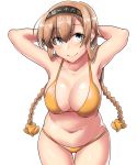  1girl absurdres arms_behind_head bikini black_headband blue_eyes blush braid breasts cleavage clothes_writing collarbone commentary eyes_visible_through_hair hair_ornament headband highres kantai_collection kiritto large_breasts leaning_forward light_brown_hair long_hair looking_at_viewer midriff navel plump propeller_hair_ornament shiny shiny_hair simple_background skindentation smile solo swimsuit teruzuki_(kantai_collection) twin_braids upper_body white_background yellow_bikini 