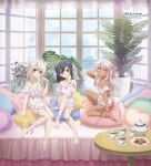  3girls apron artist_request barefoot black_hair blush bow breasts brown_eyes chloe_von_einzbern cleavage closed_mouth copyright_name curtains dark-skinned_female dark_skin fate/kaleid_liner_prisma_illya fate_(series) full_body hair_bow heart heart-shaped_pillow illyasviel_von_einzbern indoors long_hair looking_at_viewer merchandise_available miyu_edelfelt multiple_girls naked_apron off_shoulder official_art pillow plant potted_plant red_eyes sitting small_breasts smile star-shaped_pillow table tea teapot white_hair window 
