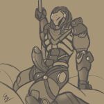 1:1 absurd_res balls blizzard_entertainment digital_media_(artwork) erection genitals hand_on_pole hi_res humanoid kneeling leaning leaning_backward leaning_on_hand machine male monochrome omnic on_pillow overwatch penis pillow ramattra robot solo stoinkedazm8