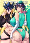  2girls absurdres adapted_costume ass bandana bandana_around_neck bare_shoulders beelstarmon belt black_belt black_hair black_jacket blonde_hair blue_mask breasts commentary covered_nipples cowboy_shot cropped_jacket digimon digimon_(creature) digimon_story:_time_stranger elbow_gloves eye_mask from_behind gloves goggles goggles_on_head green_hat green_panties green_shirt groin hair_between_eyes hat highres jacket large_breasts leather leather_jacket logo long_hair looking_at_viewer mask multiple_girls navel no_pants panties parted_lips purple_eyes purple_lips renfura shadow shirt short_hair sidelocks sleeveless sleeveless_shirt standing stomach third_eye underboob underwear v white_gloves writing_on_ass yellow_background yellow_eyes yuuki_kanan zipper 