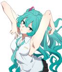  1girl aqua_eyes aqua_hair armpits earpiece hatsune_miku highres igo_miku looking_at_viewer necktie sleeveless solo twintails v vocaloid white_background 