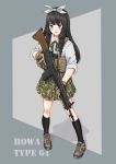  1girl absurdres battle_rifle black_hair black_legwear blue_eyes bow camouflage character_request commentary drill_hair english_commentary girls_frontline gloves gun hair_bow highres holding holding_gun holding_weapon howa_type_64 kneehighs little_armory load_bearing_vest long_hair looking_at_viewer millimeter rifle school_uniform simple_background solo weapon 