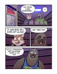 anthro bert_(t0l0k) black_clothing black_shirt black_topwear blue_clothing blue_shirt blue_topwear book bookshelf bookstore brown_body brown_fur clothing comic cute_fangs dialogue door duo english_text fangs fur furniture hi_res holding_book holding_object inside izzy_(t0l0k) long_nose male mammal multiple_scenes pilosan sengi shirt sloth smile speech_bubble t0l0k tank_top teeth text topwear triangle_nose xenarthran