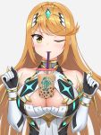  1girl bangs bare_shoulders blonde_hair blush breasts bubble_tea bubble_tea_challenge circlet cleavage cleavage_cutout collarbone cup disposable_cup dress drinking_straw earrings elbow_gloves eyebrows_visible_through_hair gem gloves grey_background hikari_(xenoblade_2) jewelry large_breasts long_hair looking_at_viewer one_eye_closed parted_lips shoulder_armor simple_background sleeveless sleeveless_dress smile solo sssemiii swept_bangs upper_body v-shaped_eyebrows white_dress white_gloves xenoblade_(series) xenoblade_2 yellow_eyes 