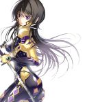  1girl black_bodysuit black_hair bodysuit covered_nipples floating_hair from_side holding holding_sword holding_weapon katana long_hair looking_at_viewer muvluv muvluv_alternative parted_lips pilot_suit purple_eyes shiny shiny_clothes simple_background skin_tight solo standing sword takamura_yui very_long_hair weapon white_background yae_chitokiya 