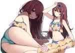  1girl ass blush brown_hair commentary embarrassed eyewear_on_head gin00 idolmaster idolmaster_shiny_colors innertube long_hair oosaki_tenka star_shades sweatdrop swimsuit white_background yellow_eyes 