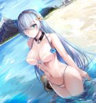  1girl anastasia_(fate/grand_order) bangs bare_arms bare_legs beach bikini blue_eyes blue_flower blush breasts cameltoe cleavage collarbone doll eyebrows_visible_through_hair fate/grand_order fate_(series) flower front-tie_bikini front-tie_top hair_between_eyes hair_flower hair_ornament hair_over_eyes headband jewelry large_breasts light_blue_hair light_smile long_hair looking_at_viewer misako12003 mountain navel necklace outdoors sand sky swimsuit thick_thighs thighs water wet wet_clothes wet_swimsuit white_bikini white_hair 