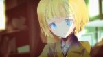  1girl absurdres backlighting blonde_hair blue_eyes blurry depth_of_field film_grain frown highres indoors jane_t_godfrey kabuyama_kaigi looking_down necktie portrait short_hair sketch solo uniform world_witches_series 