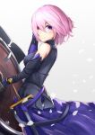  1girl armored_leotard black_gloves black_leotard blush closed_mouth elbow_gloves eyebrows_visible_through_hair fate/grand_order fate_(series) from_side gloves hair_between_eyes hand_in_hair highres leotard looking_at_viewer mash_kyrielight nanakaku pink_hair purple_eyes purple_skirt sheath sheathed short_hair skirt smile solo standing sword weapon white_background 