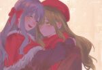  2girls bang_dream! bang_dream!_it's_mygo!!!!! beret blue_hair bow capelet closed_mouth geosmichi77 green_hair hair_bow hat highres hug long_hair long_sleeves looking_at_another multiple_girls open_mouth red_bow scarf smile teeth togawa_sakiko upper_teeth_only wakaba_mutsumi yellow_eyes yuri 