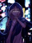  blue_capelet blunt_bangs blurry blurry_background capelet city_lights collarbone finger_to_mouth highres hood hooded_capelet kaf_(kamitsubaki_studio) kamitsubaki_studio looking_at_viewer pink_hair railing short_sleeves virtual_youtuber yasou0049 